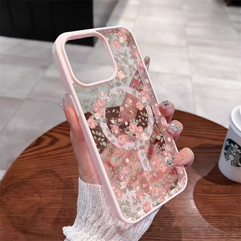 Clear Shockproof Bumper Case - Capa Magnética Transparente Rosa com Rosas
